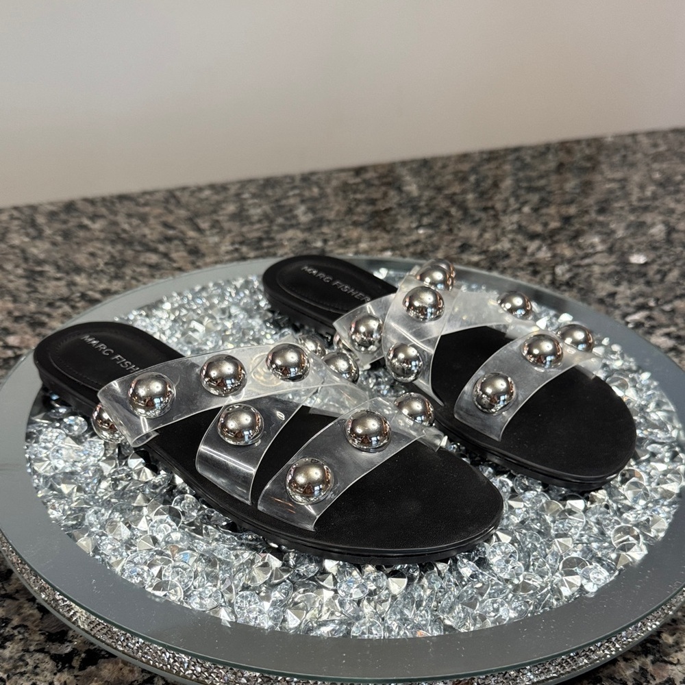 Marc Fisher transparent Black Sandals with Silver Accents NEW 6.5